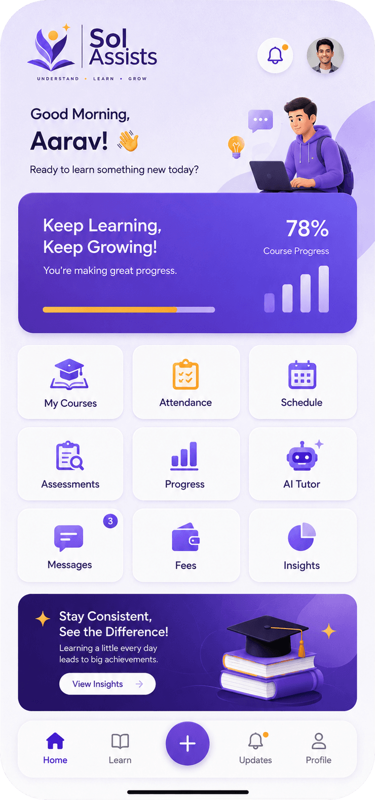 A learner and guardian view showing course progress, attendance, assessments, fees and messages.