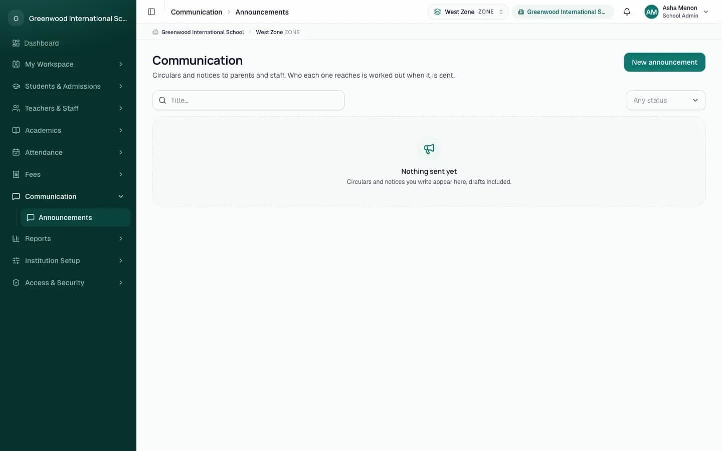 The Announcements page with sent, scheduled and draft announcements