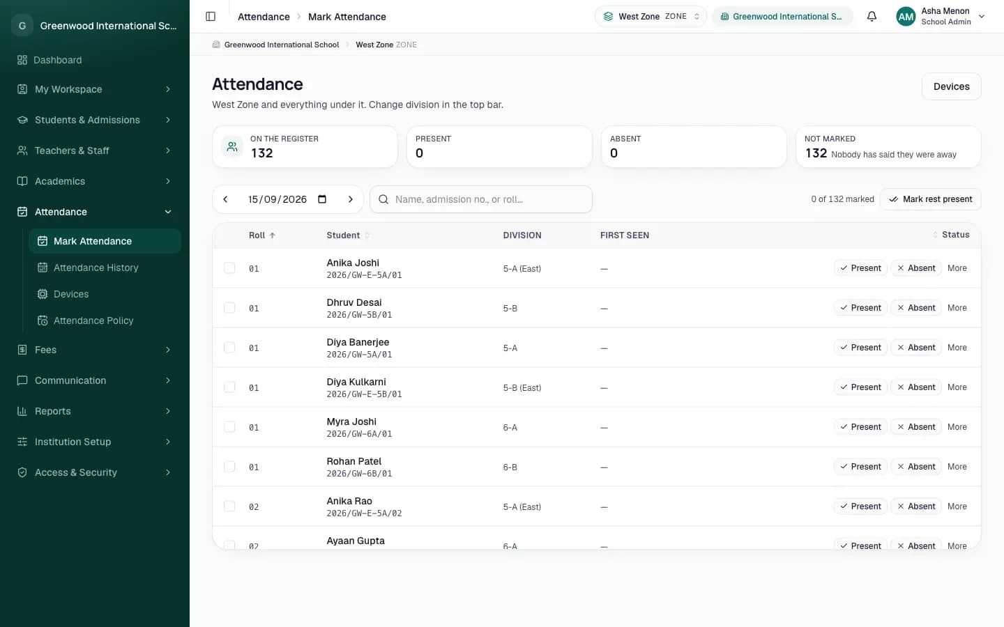 The daily attendance register with Present and Absent controls per learner