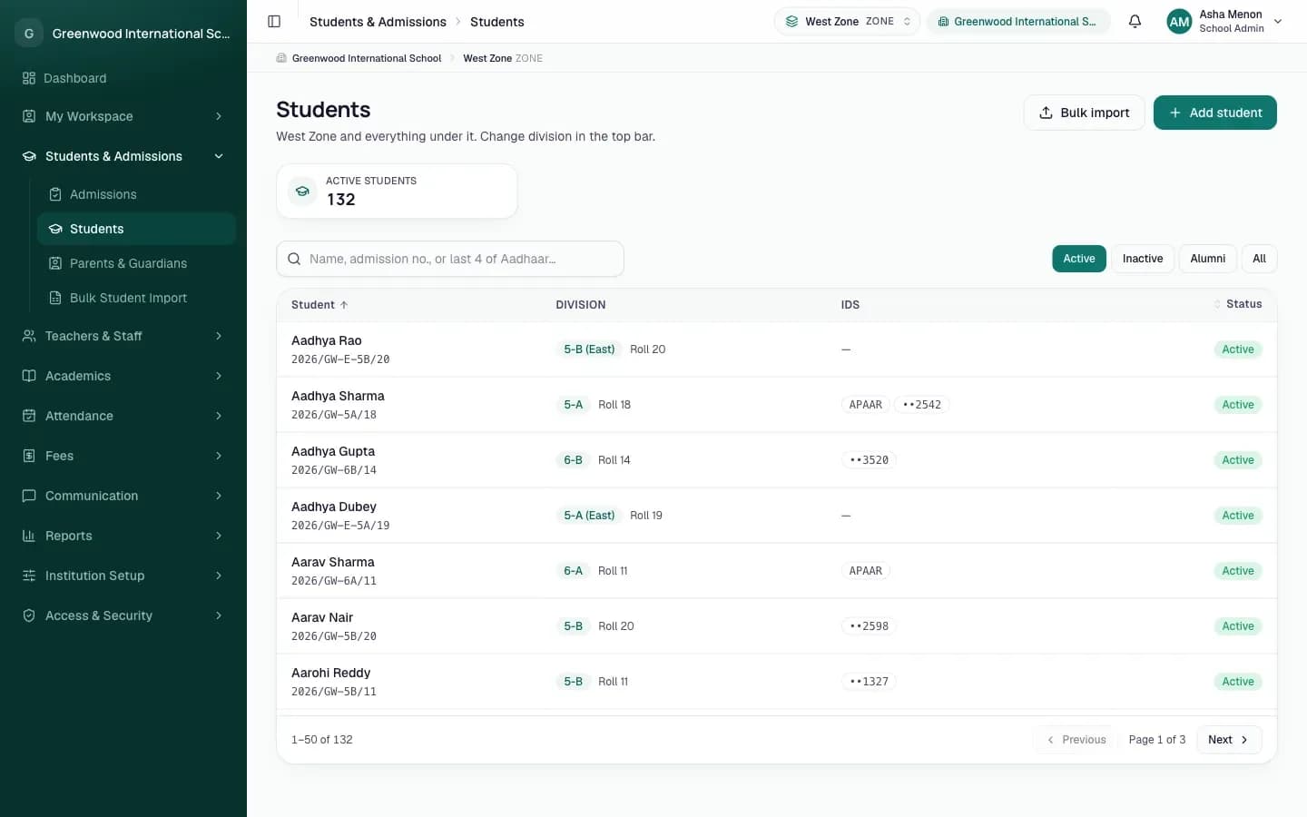 The learner list in the institution app